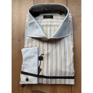 Steven Land Mens Dress Shirt 20 36/37 Tall Striped White‎ Yellow French Cuff NWT